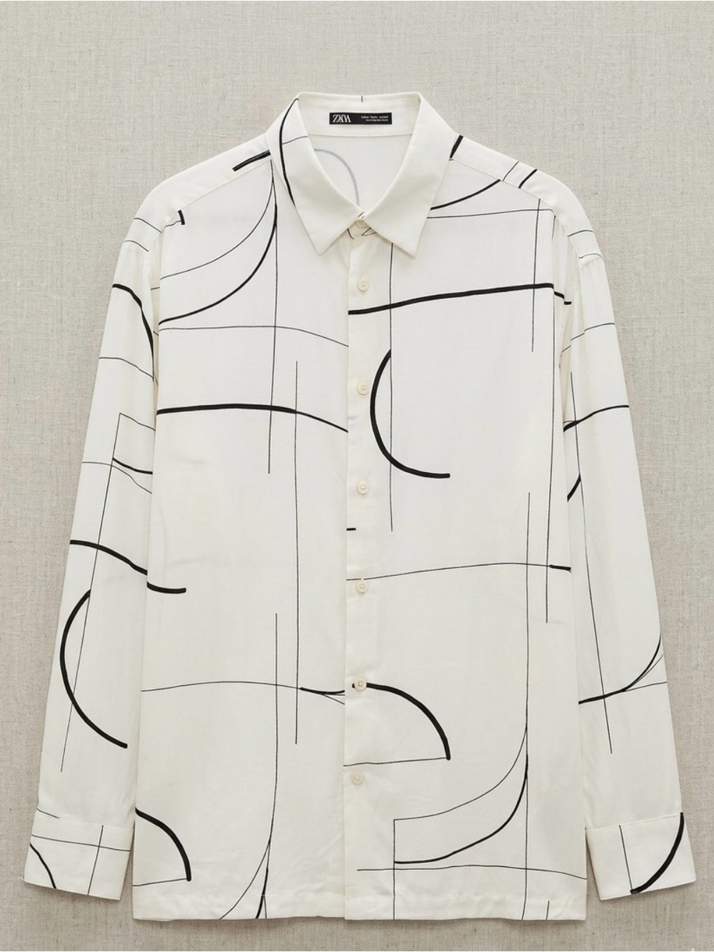 Zara Men White Shirt with Black Abstract Line Print Size Large